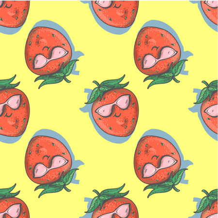 Seamless pattern with Strawberry Cartoon smiling Character with cool Attitude Wearing pink Sunglasses for fashion patch badges or printsの写真素材