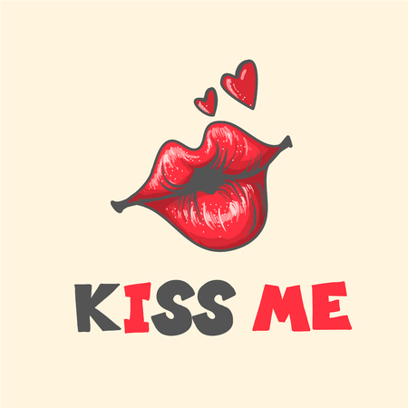 Lips kiss. Vector patch, sticker isolated on white. Cool sexy red kissed. cartoon Sign for print in comics Fashion pop art retro styleの写真素材