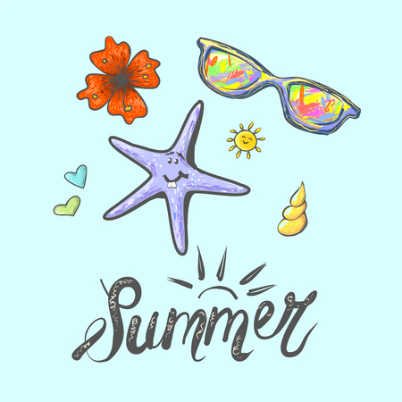 Summer beach with lettering star fish sun glasses flower sea shell hearts sun elementsの写真素材