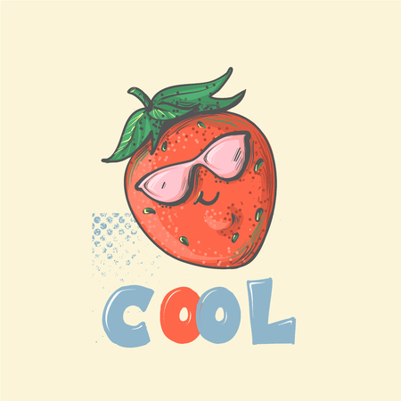 Strawberry Cartoon smiling Character with cool Attitude Wearing pink Sunglasses for fashion patch badges or printsの写真素材