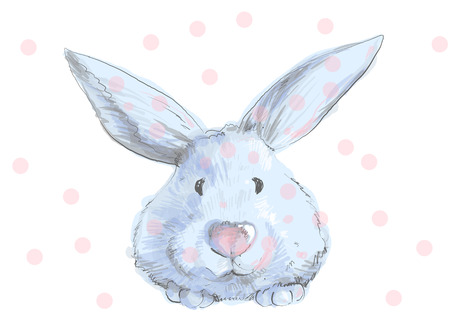 Cute blue bunny with pink nose and dots childish kid style hand drawn in vector illustrationのイラスト素材