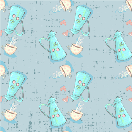 Seamless pattern with Tea time cute childish teapot and cup with heart on grunge background hand drawn directly in vectorのイラスト素材
