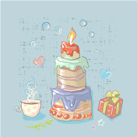 Happy Birthday set cute elements with big cake Birthday Party elementsのイラスト素材