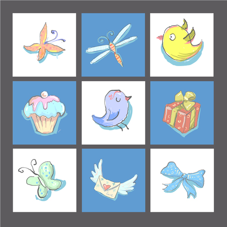 Set of cute birthday cards or prints with birds ,poster,invitation cards,template,greeting cards with elementsVector illustrationsのイラスト素材