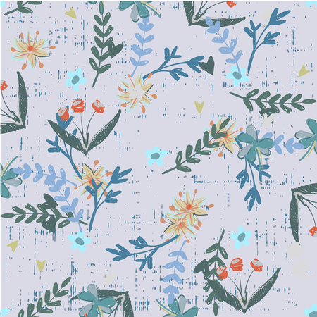 Trendy Floral pattern in the many kind of flowers botanical Motifs scattered random. Seamless vector texture. For fashion prints. Printing with in hand drawn style grunge grey background.のイラスト素材