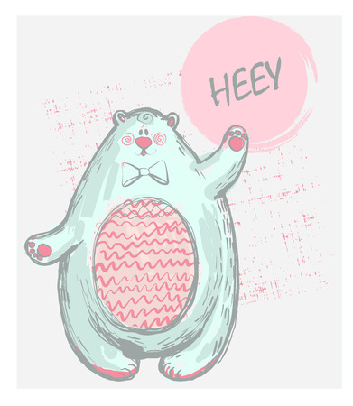 Funny cute polar bear with word HEY , pink cheeks and bow for print, card, invitations, t-shirt design, kids apparelのイラスト素材
