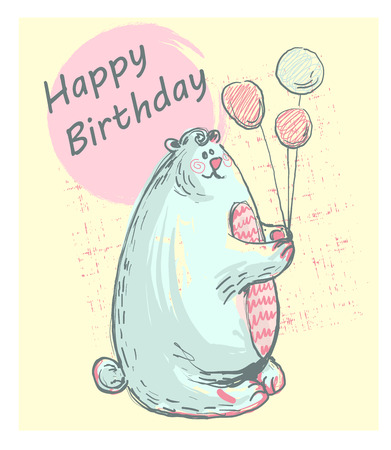 Funny cute polar bear with HAPPY BIRTHDAY, pink cheeks holding balloons for prints, cards, invitations, t-shirt design, kids apparelのイラスト素材