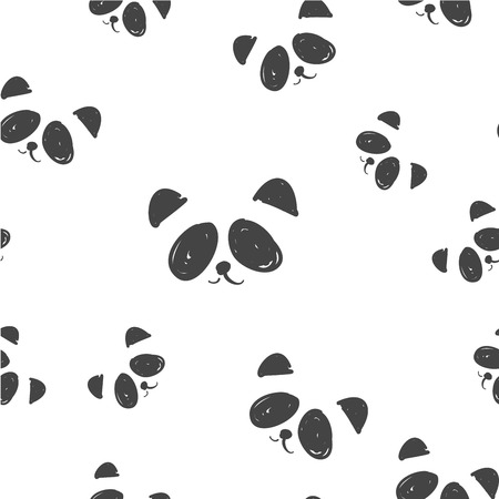 Line art graphic black and white panda head seamless pattern, cute panda fashion print, wrapping paper designのイラスト素材