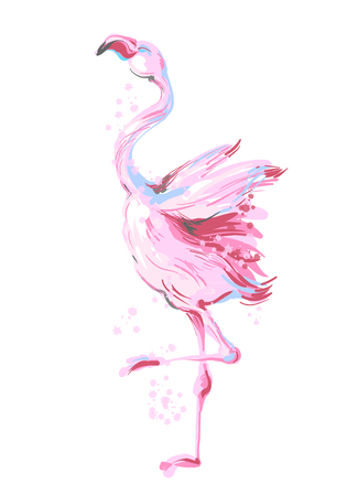 Beautiful dancing pink flamingo smiling isolated on white background with pink splashのイラスト素材