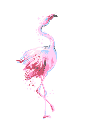 Beautiful dancing pink flamingo smiling isolated on white background with pink splashのイラスト素材