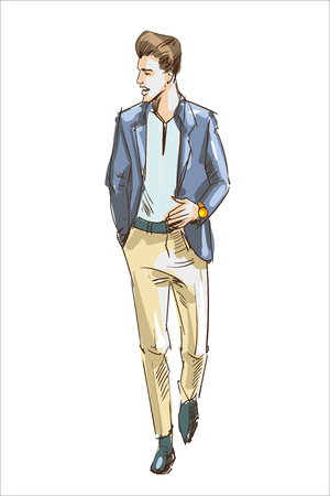 Fashion man vector illustration. Fashion man with modern haircut and light casual jacket. Fashion model guy sketch.のイラスト素材