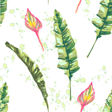 Three tropical leaves seamless pattern. Hand drawn leaves illustration on white background with watercolor splash effect summer design.のイラスト素材