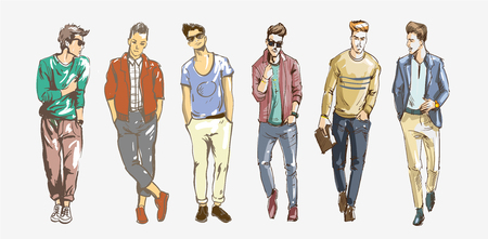 Fashion man. Collection of fashionable men s sketches on a white background. Men casual fashion illustration.のイラスト素材