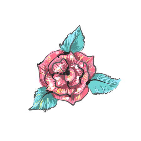 red rose embroidery sketch isolated on white fashion patch badge.のイラスト素材
