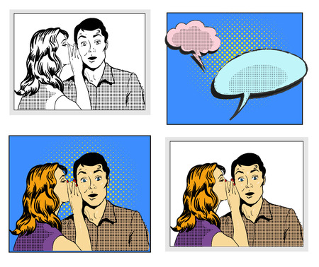 Man and woman whisper pop art comic retro style vector illustration in black and white and colorful versions with speech bubbles on halftone background.のイラスト素材
