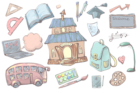 Hand drawn cartoon School supplies and items set isolated on white background. Back to school equipment. Education workspace accessories.のイラスト素材