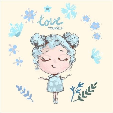 Hand drawn beautiful cute girl with flowers smiling with eyes closed , love yourself concept.のイラスト素材