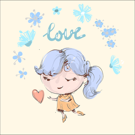 Hand drawn beautiful cute girl in a wreath of flowers and heart. Vector illustrationのイラスト素材
