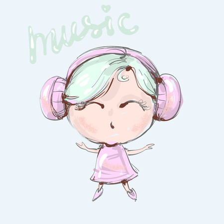 Cute cartoon girl with headphones is listening to music and singing. Vector illustration.のイラスト素材
