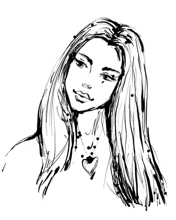 Fashion sketch of a young beautiful woman in ink style black and white hand drawn art vector illustration.のイラスト素材