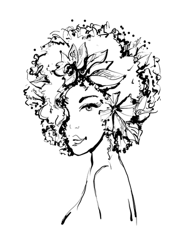 Fashion Sketch of young beautiful woman with flowers and leaves. A beautiful girl s face. Vector illustration black and white ink imitation.のイラスト素材