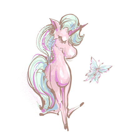 Cute sitting little unicorn and butterfly magic illustration ioslated on white background.のイラスト素材