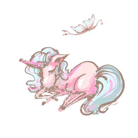 Cute unicorn and butterfly sweet dreams print. Sleep Unicorn isolated vector icon. Fantasy horse sticker, patch badge. Magic cartoon animal. Rainbow horn, pink hair. Dream symbolのイラスト素材