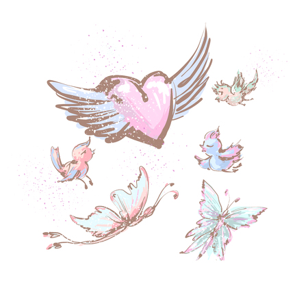 Collection of flying objects cute birds , butterflies and heart with wings isolated on white.のイラスト素材