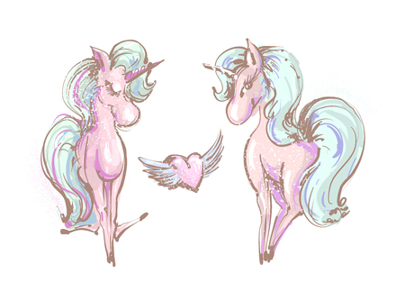Cute poster, greeting card, apparel print with two unicorns and heart with wings. Cartoon character. Doodle vector illustration. Decorative sketch art. Isolated on white.のイラスト素材