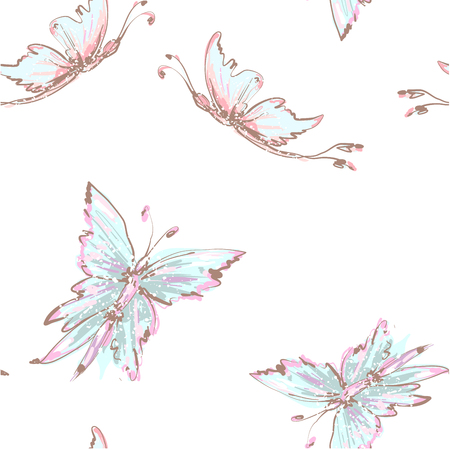 Seamless background from tender butterflies. Beautiful light blue butterflies chaotically fly. Seamless soft background with flying moths. Suitable for fabric, paper, packagingのイラスト素材