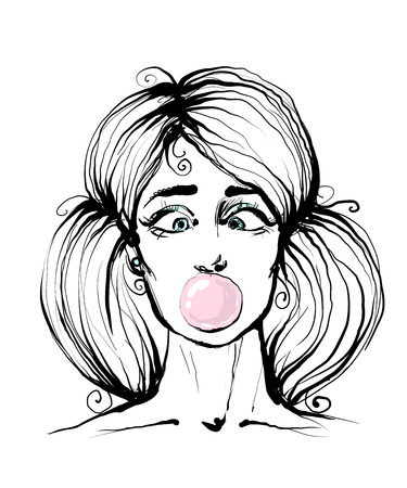 Sketchy funny black and white fashion girl with bubble gum vector print.For t-shirt or other uses,T-shirt graphics, textile graphic.のイラスト素材