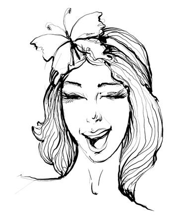 Vector hand drawn portrait of stylish girl twinkling with smile and butterfly on hair on white background.のイラスト素材
