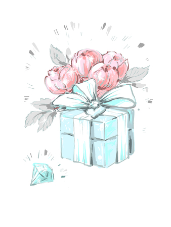 Fashionable peony flower box with diamond and bow. Fashion accessory illustration in trendy soft colors for beauty salon, shop, blog print. Isolated symbol on white background.のイラスト素材