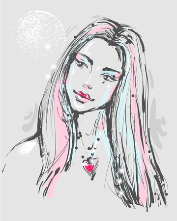 Fashion portrait of a young atractive woman with heart necklace.のイラスト素材