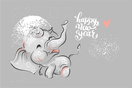 cute elephant with lettering Happy New Year.のイラスト素材