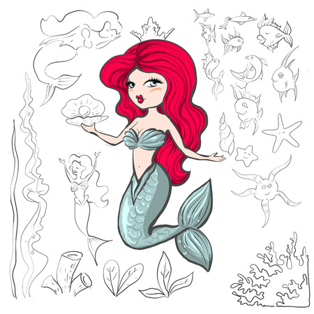 Cute little mermaid with red hair and pearl , different fishes types for coloring, vecto illustrationのイラスト素材