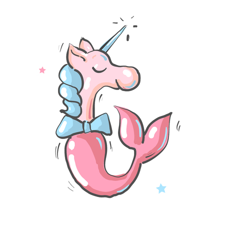 Cute unicorn mermaid simple vector cartoon illustration. Magical creature with unicorn head and body and fish tail. Dreaming, magic, believe in yourself, fairy tale mythical theme design elementのイラスト素材