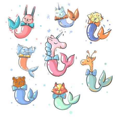 Cute animals with mermaid tails vector collectionのイラスト素材