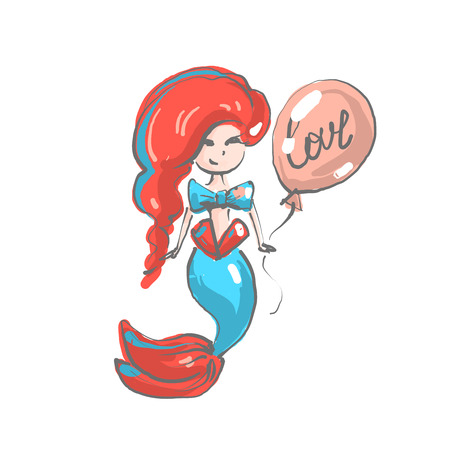 Smiling pink-haired mermaid with balloon and word love.のイラスト素材