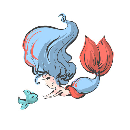 Cute mermaid with fish childish illustration fantasy artのイラスト素材