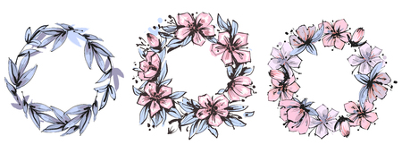 Vintage floral frame set with leaves and flowers motives. Vector illustration.のイラスト素材