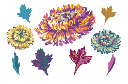 Embroidery design. Collection of floral elements for fabric and textile prints, patches, stickers. Set of beautiful embroidered fashion ornaments of aster flowersのイラスト素材