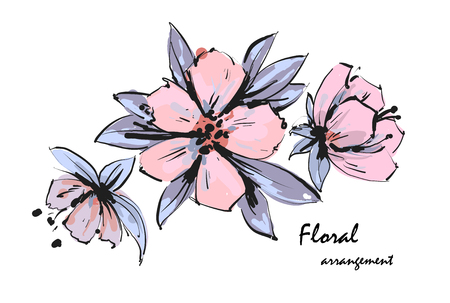 Tender floral arrangement. Pink apple tree flowers. Vector romantic garden flowers.のイラスト素材
