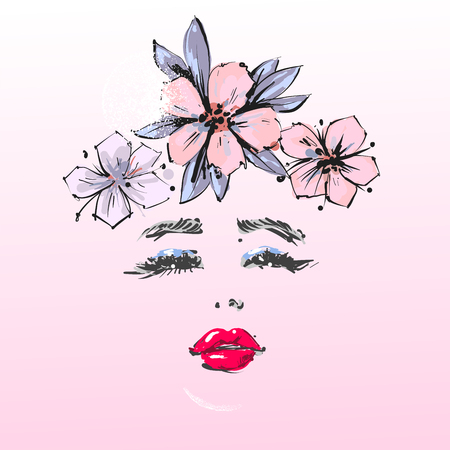 Beautiful Girl With pink flowers spring wreath on head.のイラスト素材