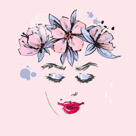 Beautiful Girl With pink flowers spring wreath on head.のイラスト素材