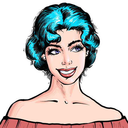 Portrait of a young beatiful woman with short blue hair and attractive smile illustration in pop art retro comic style on white backgroundのイラスト素材