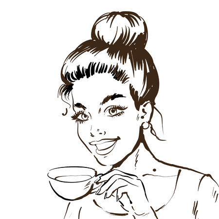 Black and white sketch line drawing. Portrait of a woman with cup of tea or cofee. Vector illustration.のイラスト素材