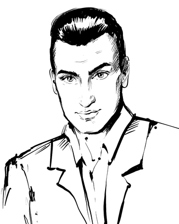 Handsome serious man portrait in jacket pop art retro comic style illustration with halftone backgrounds and speech bubble.のイラスト素材