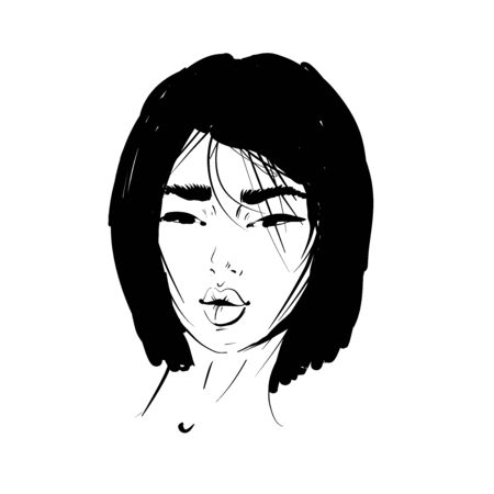 Asian woman portrait. Fashion illustration. Haircut BOB STRAIGHT. Hand drawn vector art isolated on white. Can be used as a face chart or for hairdressers.のイラスト素材
