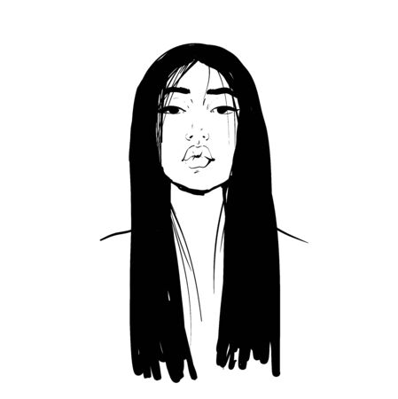 Young Asian beauty woman with black long hair. Fashion vector illustration isolated on white. Can be used as a face chart or for hairdressers Skincare, professional hairdressing, beauty salonのイラスト素材